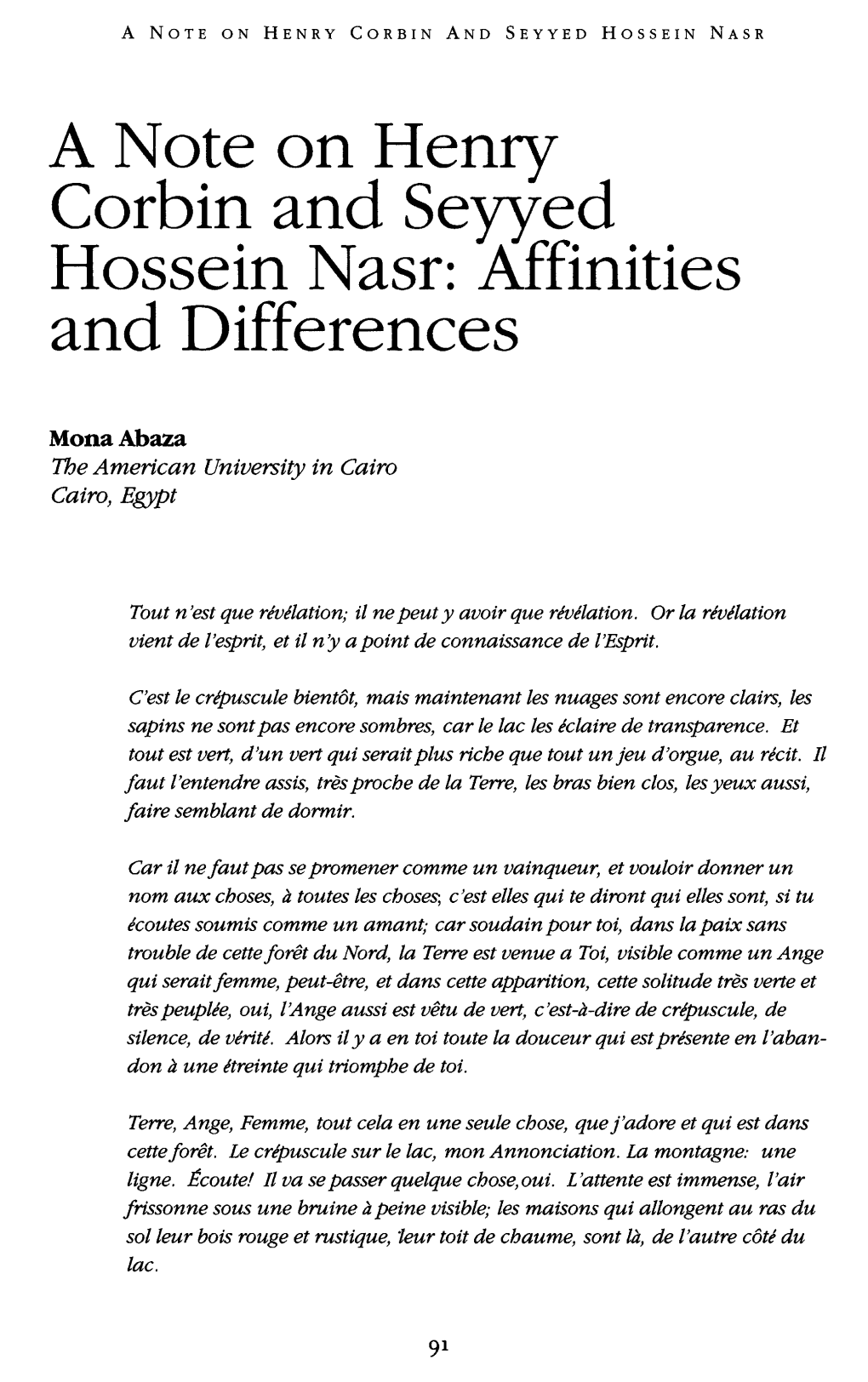 A Note on Henry Corbin and Seyyed Hossein Nasr: Affinities and Differences