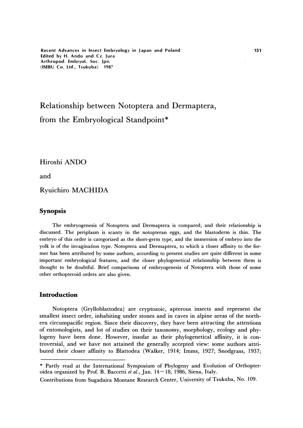 Relationship Between Notoptera and Dermaptera, from the Embryological Standpoint*