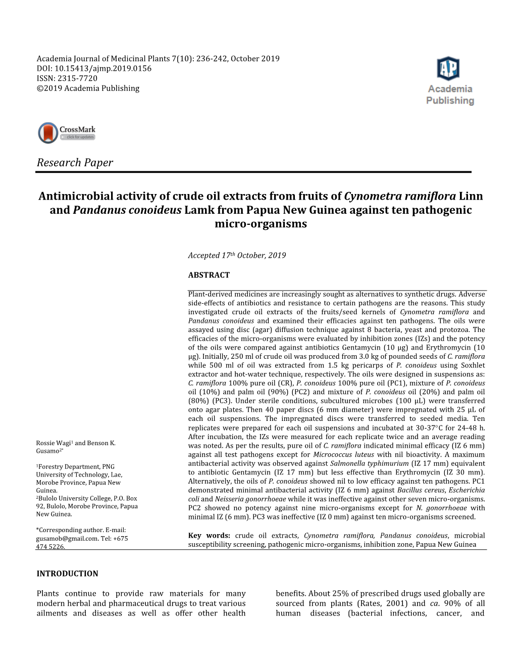 Research Paper Antimicrobial Activity of Crude Oil Extracts from Fruits Of