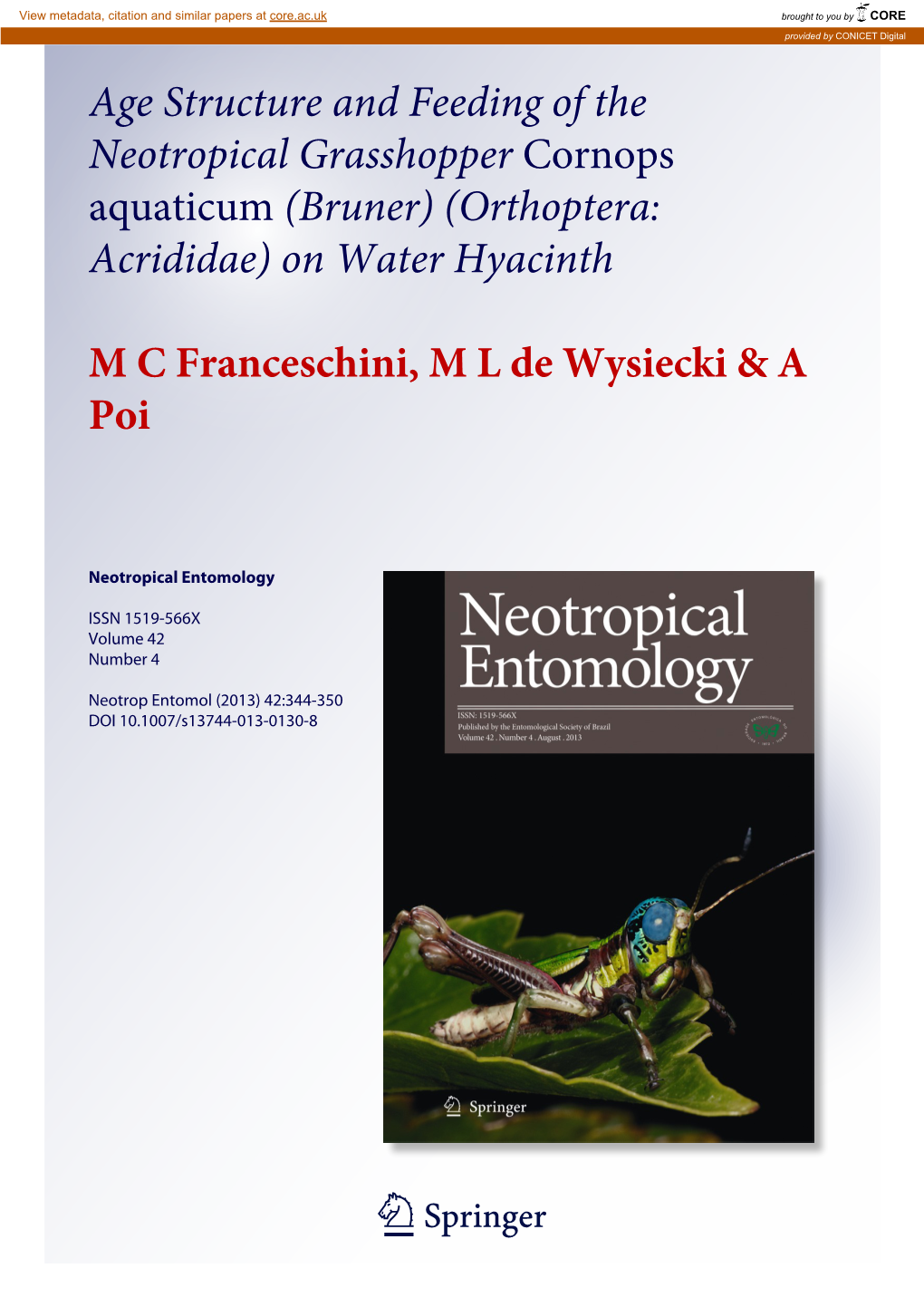 Orthoptera: Acrididae) on Water Hyacinth