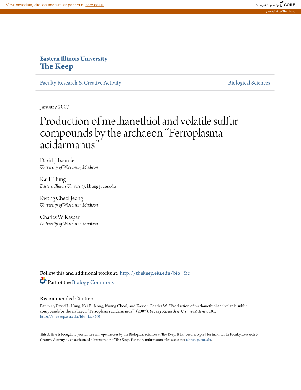 Production of Methanethiol and Volatile Sulfur Compounds by the Archaeon ‘‘Ferroplasma Acidarmanus’’ David J