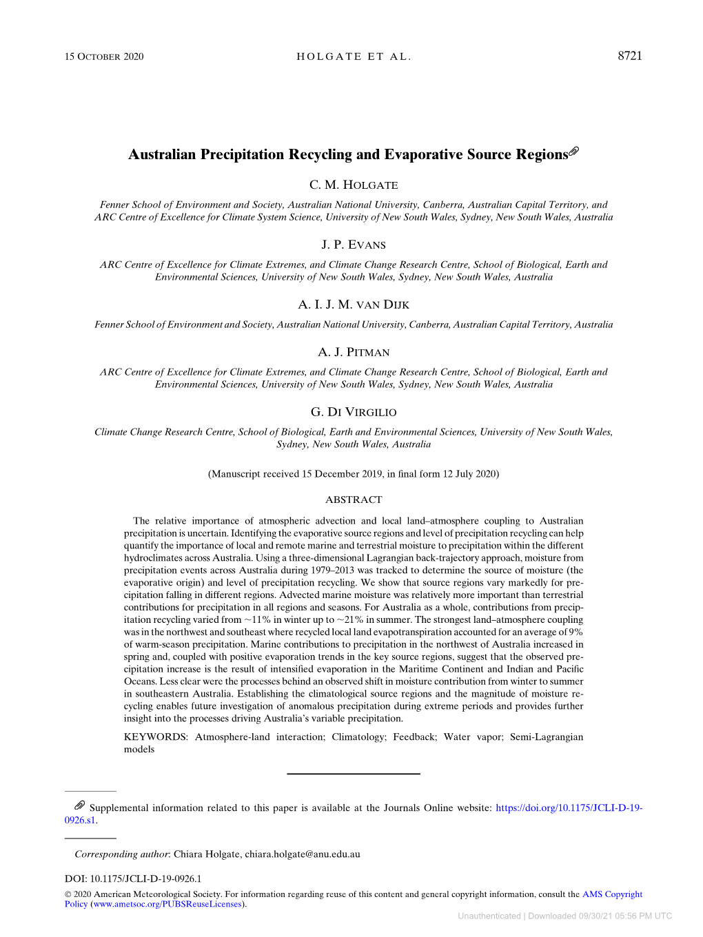 Australian Precipitation Recycling and Evaporative Source Regions