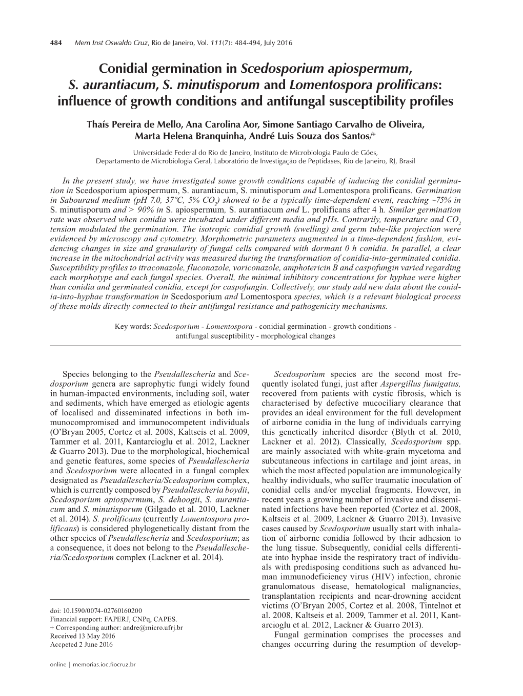 Conidial Germination in Scedosporium Apiospermum, S. Aurantiacum, S