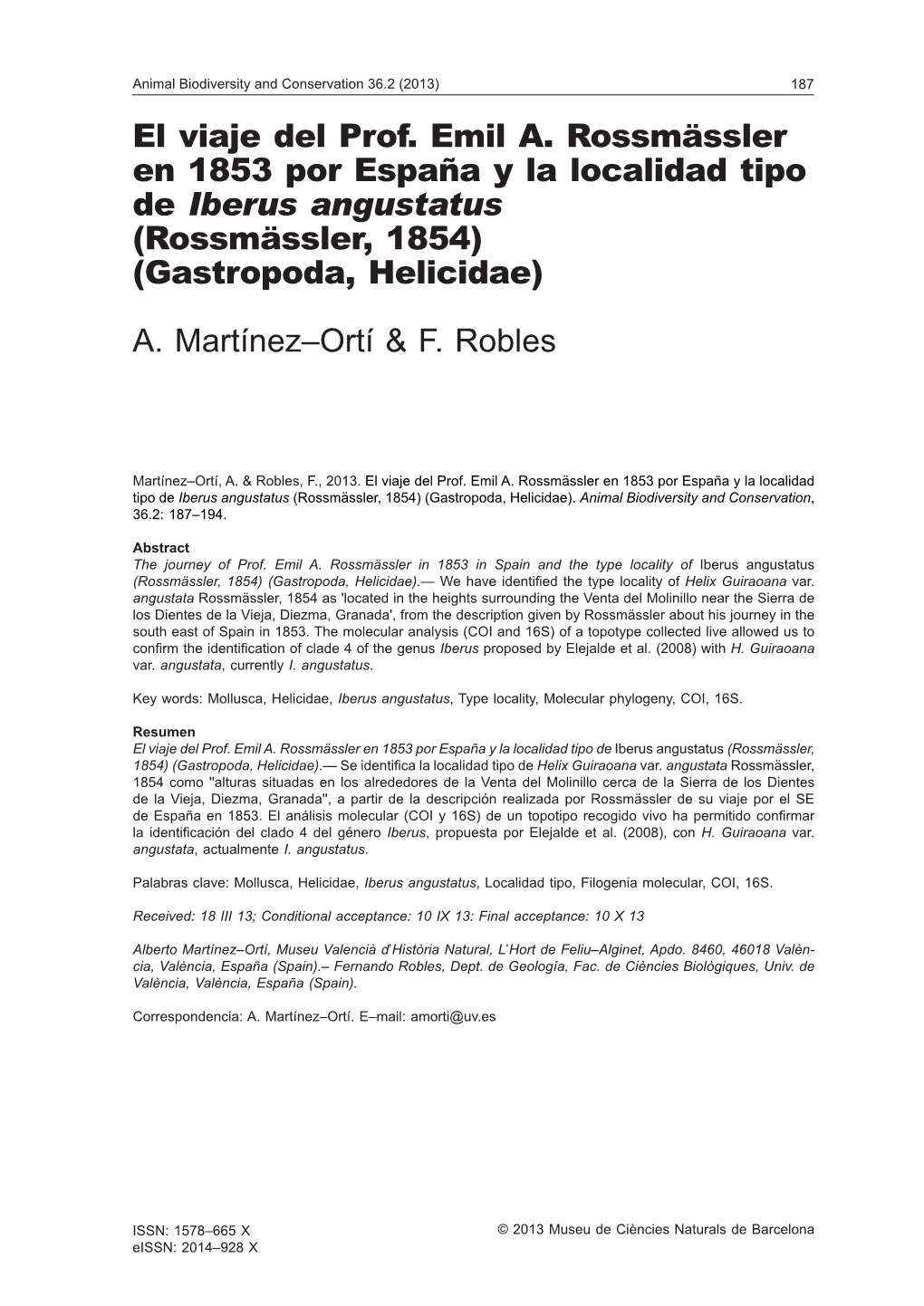 El Viaje Del Prof. Emil A. Rossmässler En 1853 Por España Y La Localidad Tipo De Iberus Angustatus (Rossmässler, 1854) (Gastropoda, Helicidae)