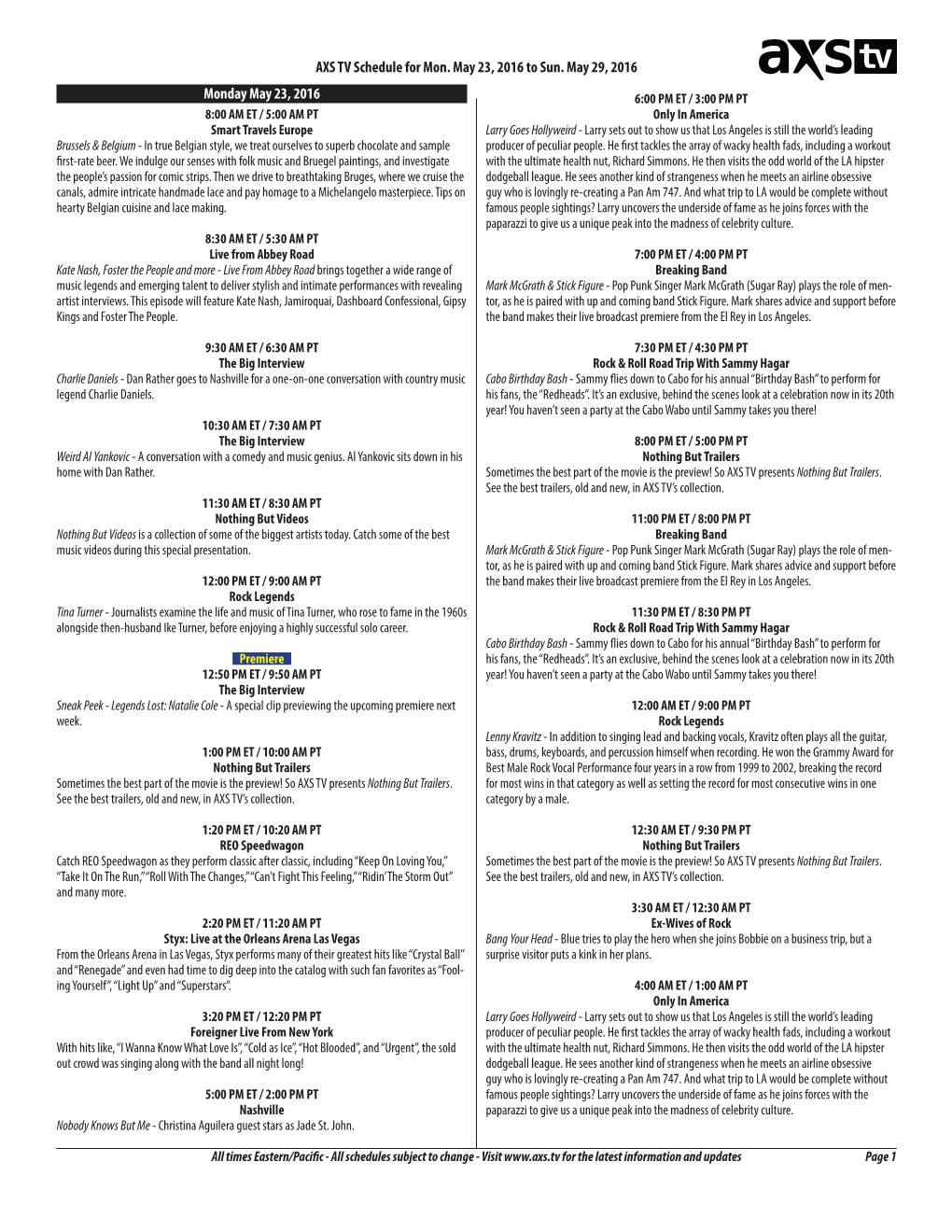 AXS TV Schedule for Mon. May 23, 2016 to Sun. May 29, 2016