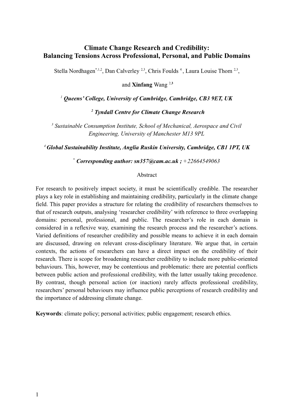 Climate Change Research and Credibility: Balancing Tensions Across Professional, Personal, and Public Domains