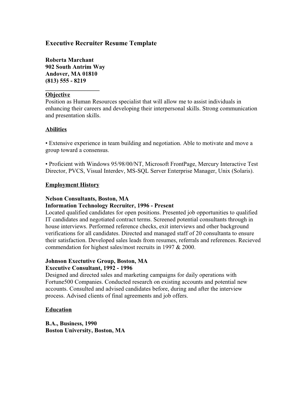 Executive Recruiter Resume Template