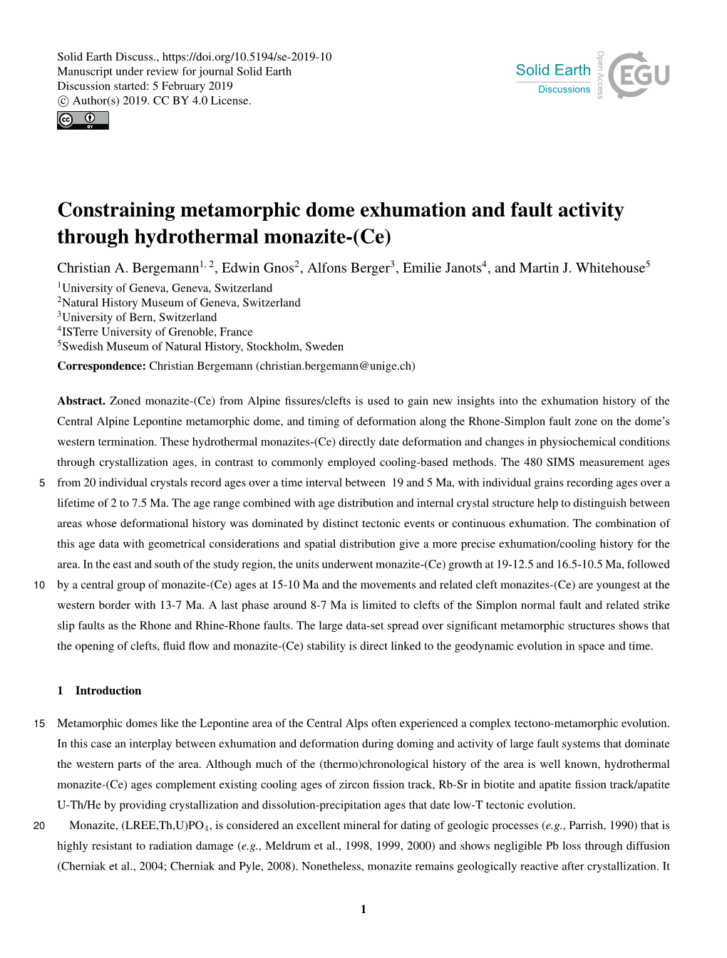 Constraining Metamorphic Dome Exhumation and Fault Activity Through Hydrothermal Monazite-(Ce) Christian A