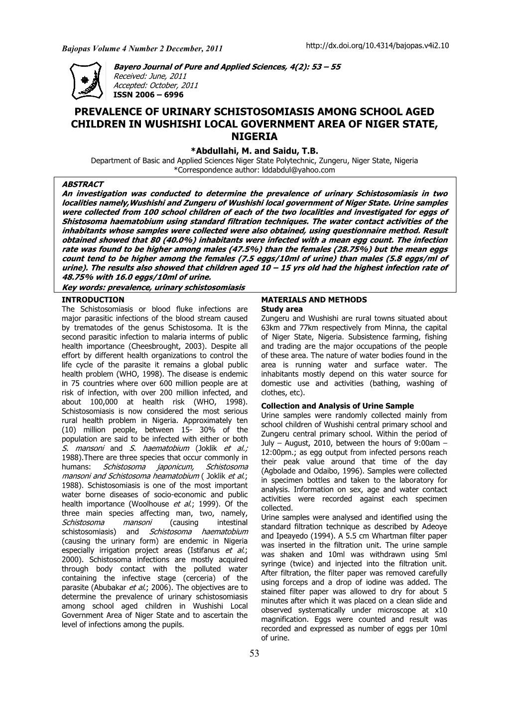 Prevalence of Urinary Schistosomiasis Among School Aged Children in Wushishi Local Government Area of Niger State, Nigeria