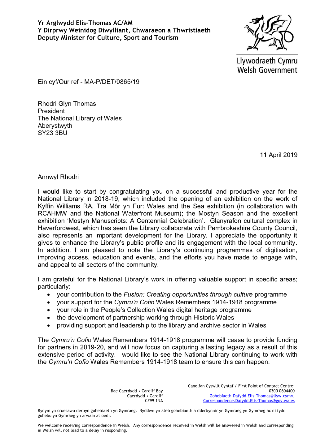 National Library for Wales Remit Letter