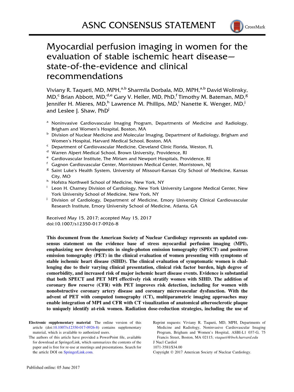 Myocardial Perfusion Imaging in Women for the Evaluation of Stable Ischemic Heart Disease— State-Of-The-Evidence and Clinical Recommendations