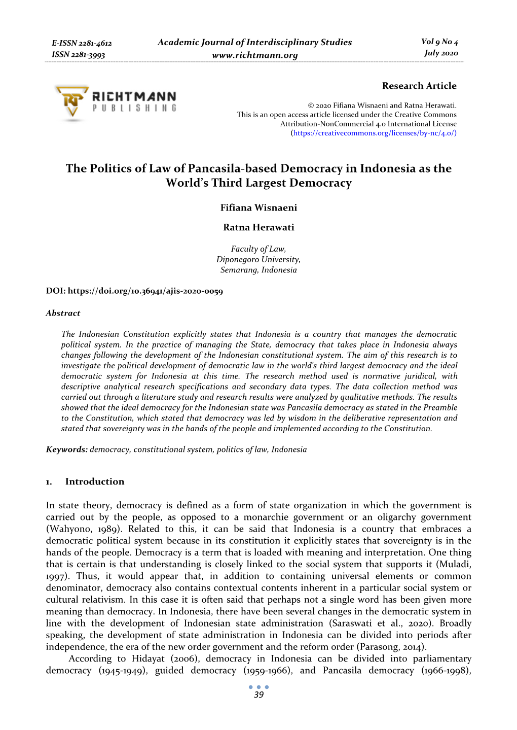 The Politics of Law of Pancasila-Based Democracy in Indonesia As the World’S Third Largest Democracy