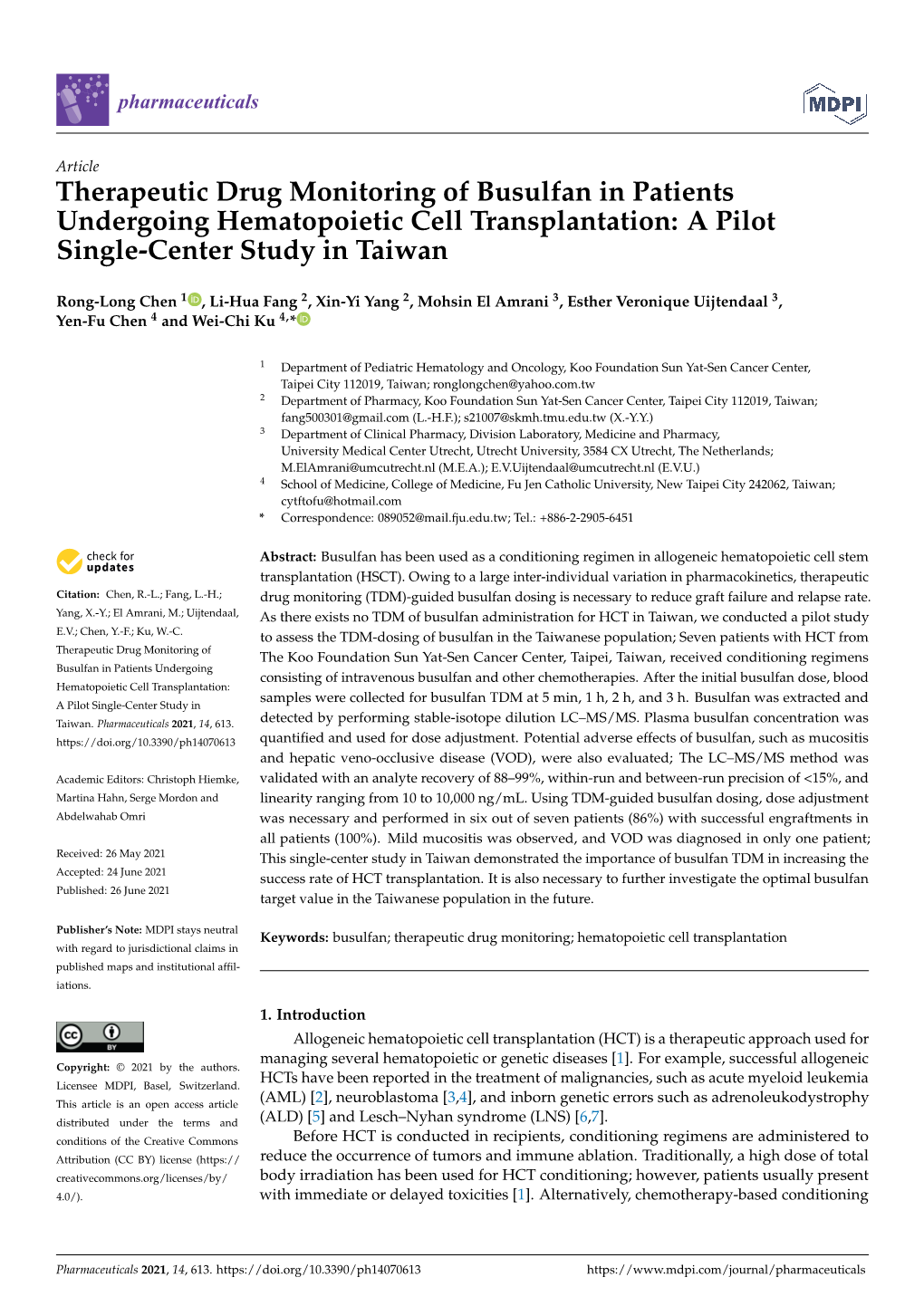 Therapeutic Drug Monitoring of Busulfan in Patients Undergoing Hematopoietic Cell Transplantation: a Pilot Single-Center Study in Taiwan