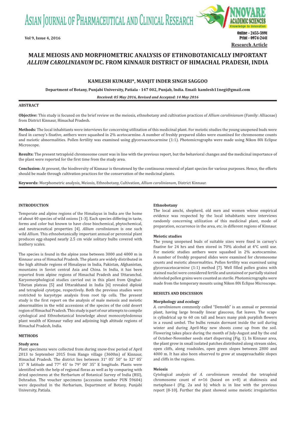 Male Meiosis and Morphometric Analysis of Ethnobotanically Important Allium Carolinianum Dc