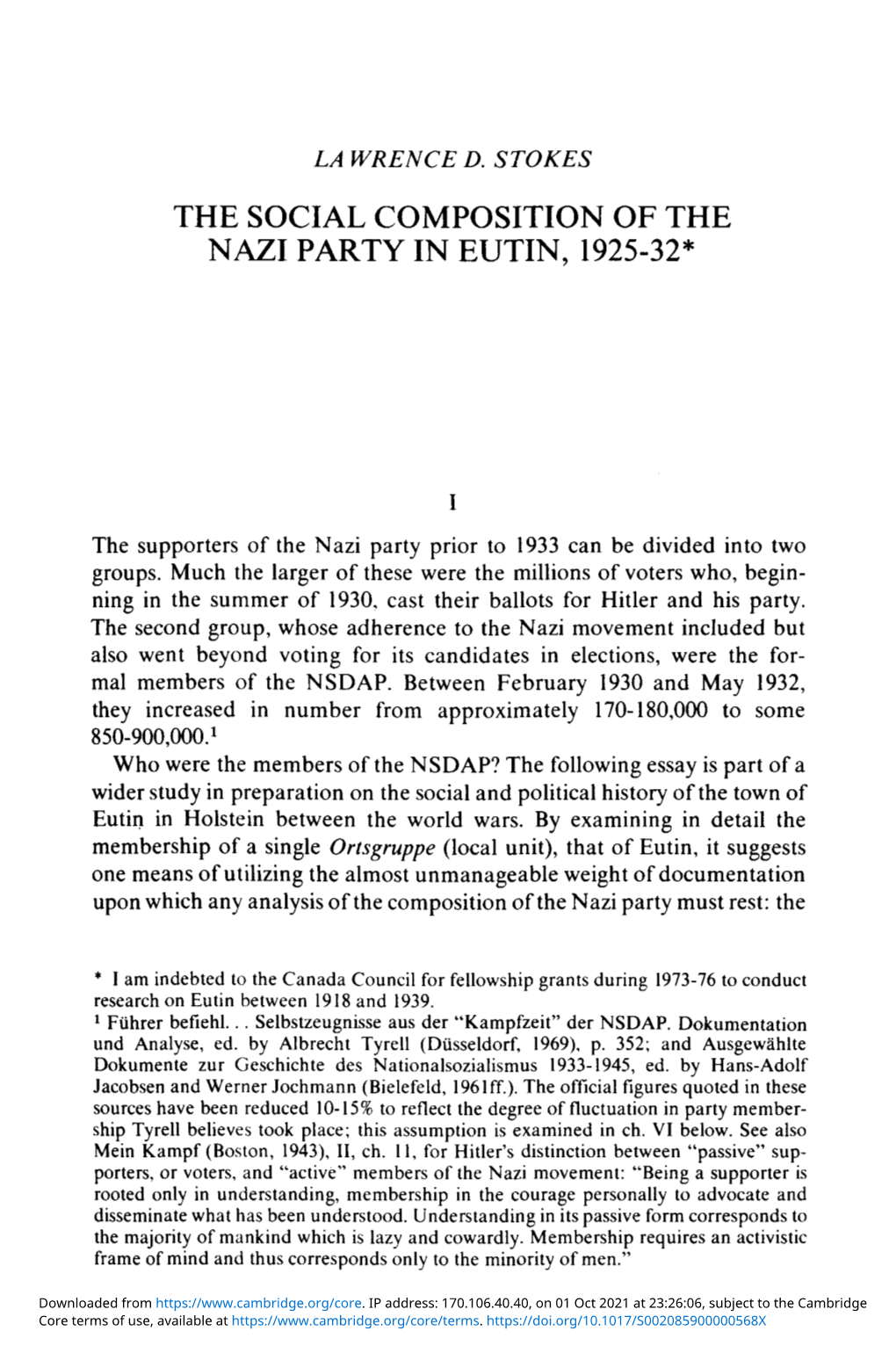 The Social Composition of the Nazi Party in Eutin, 1925–32