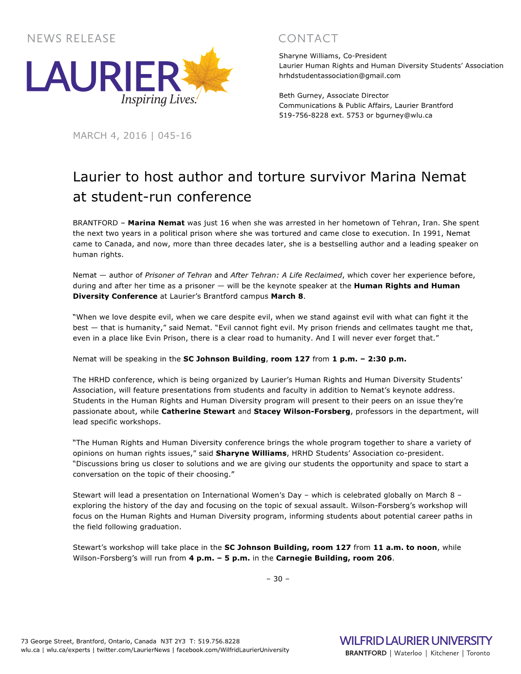 Laurier to Host Author and Torture Survivor Marina Nemat at Student-Run Conference