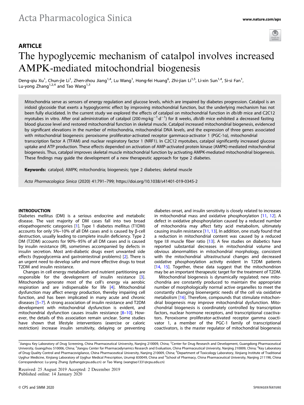 The Hypoglycemic Mechanism of Catalpol Involves Increased AMPK-Mediated Mitochondrial Biogenesis