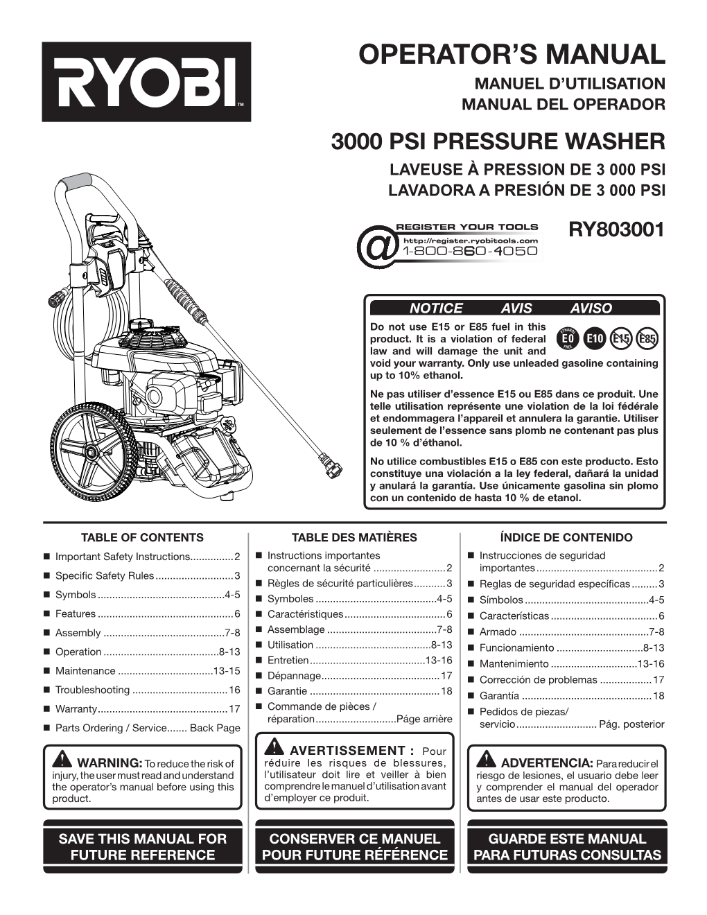 3000 Psi Pressure Washer Laveuse À Pression De 3 000 Psi Lavadora a Presión De 3 000 Psi Ry803001