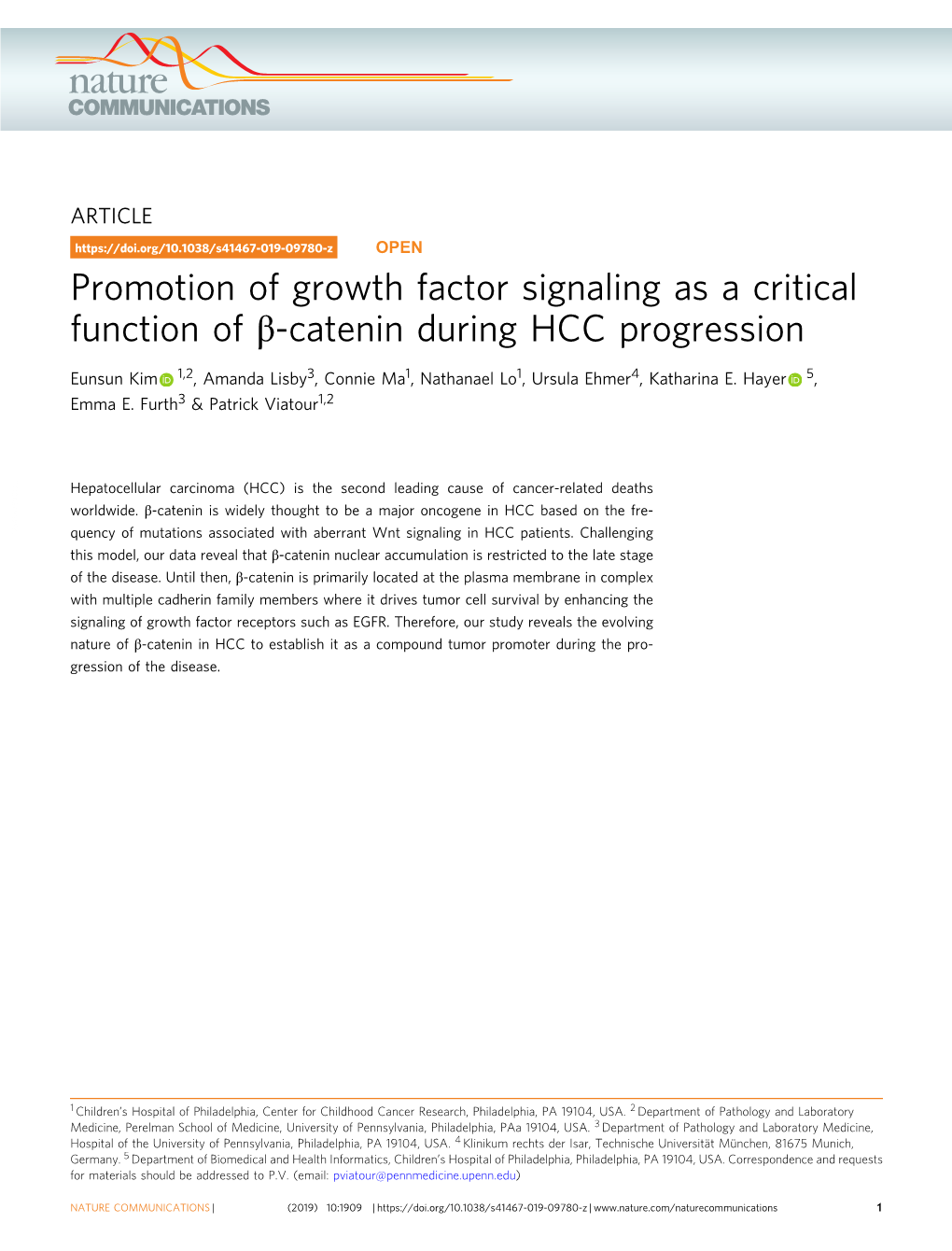 Promotion of Growth Factor Signaling As a Critical Function of Î²-Catenin During HCC Progression