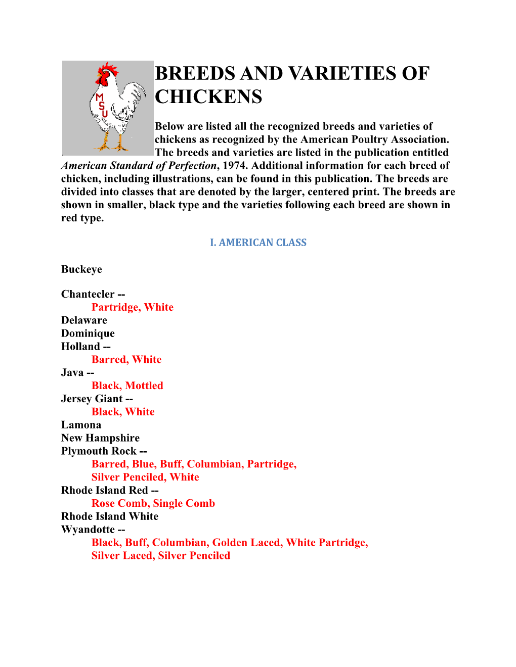 Breeds and Varieties of Chickens