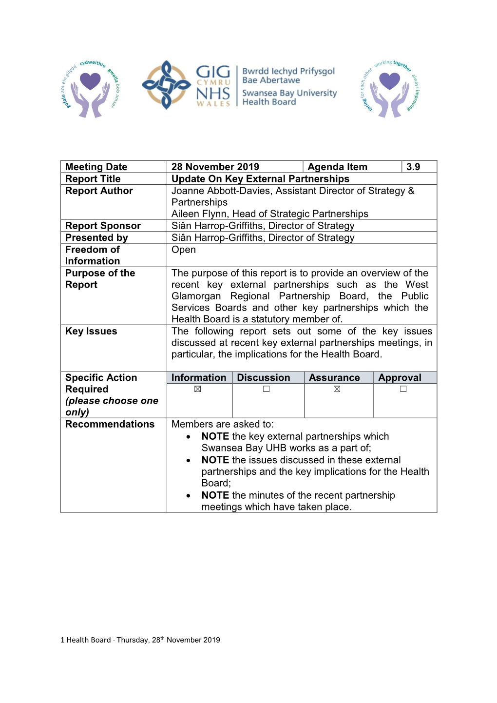 Meeting Date 28 November 2019 Agenda Item 3.9 Report Title Update on Key External Partnerships Report Author Joanne Abbott-Davi