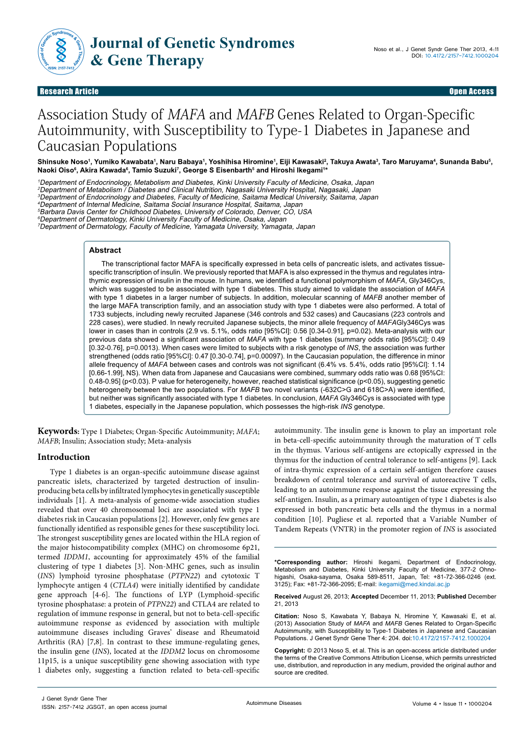 Association Study of MAFA and MAFB Genes Related to Organ-Specific Autoimmunity, with Susceptibility to Type-1 Diabetes in Japan