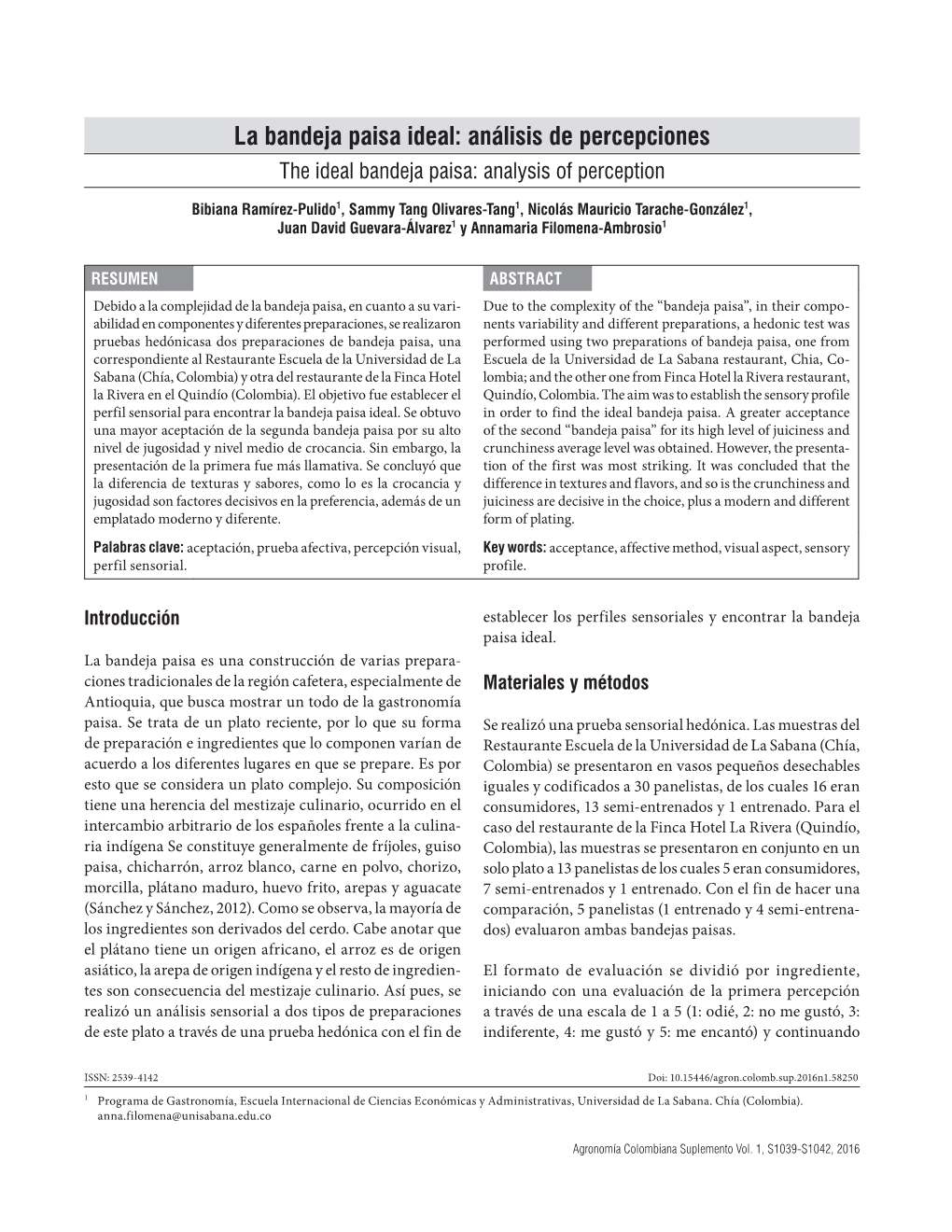 La Bandeja Paisa Ideal: Análisis De Percepciones the Ideal Bandeja Paisa: Analysis of Perception