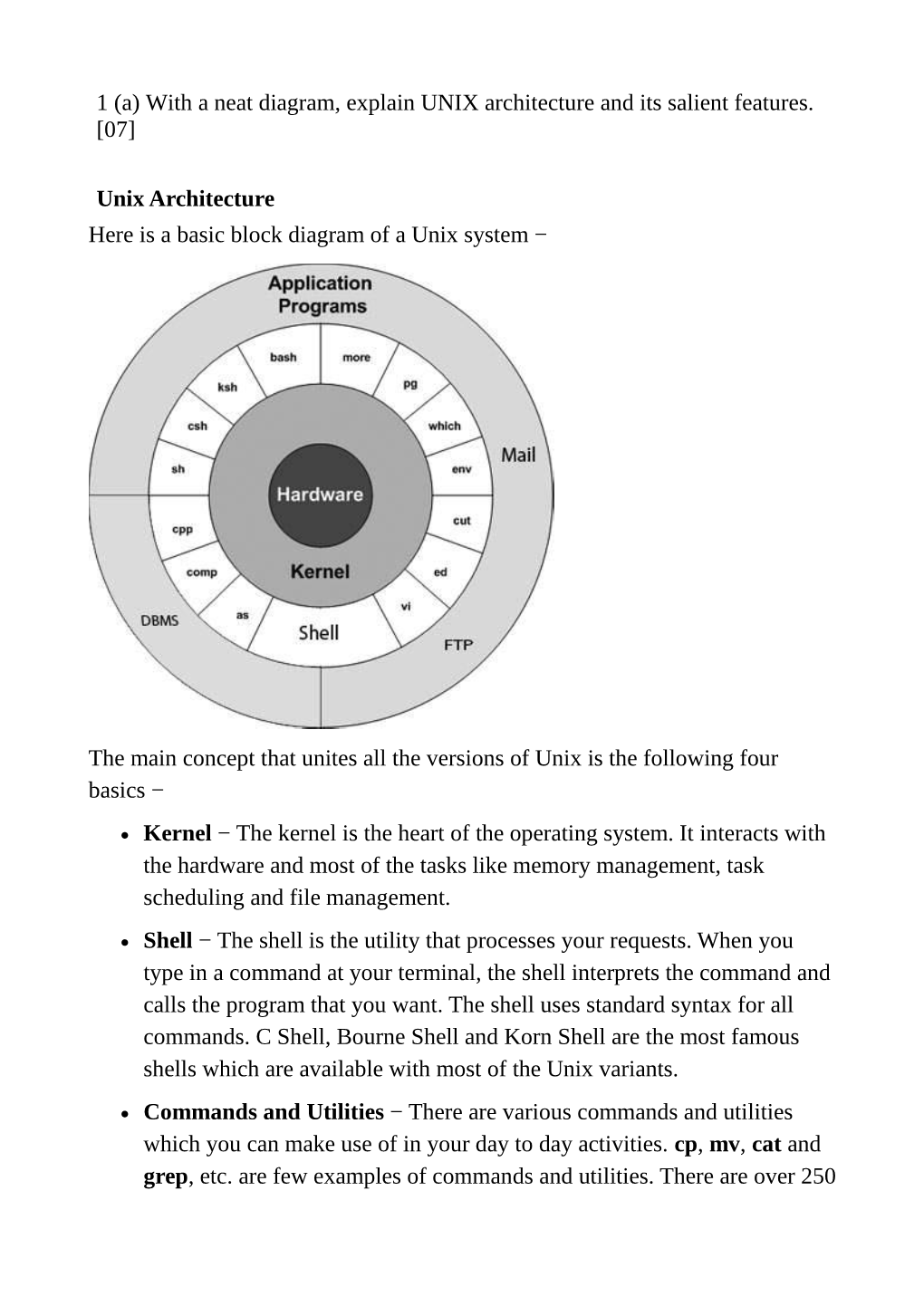 With a Neat Diagram, Explain UNIX Architecture and Its Salient Features. [07]