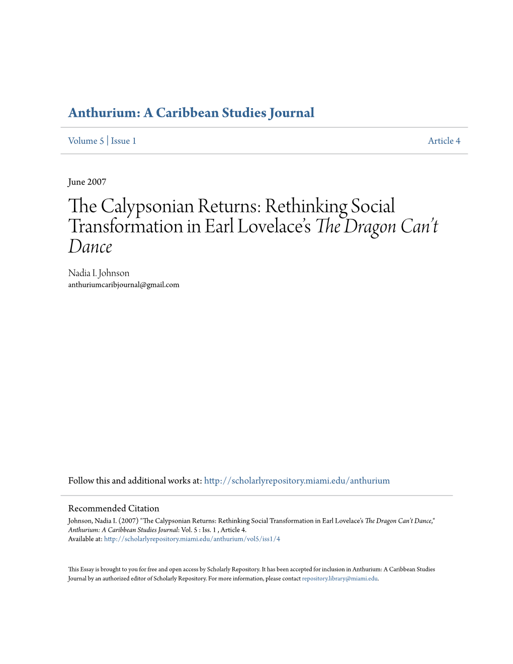 The Calypsonian Returns: Rethinking Social Transformation in Earl