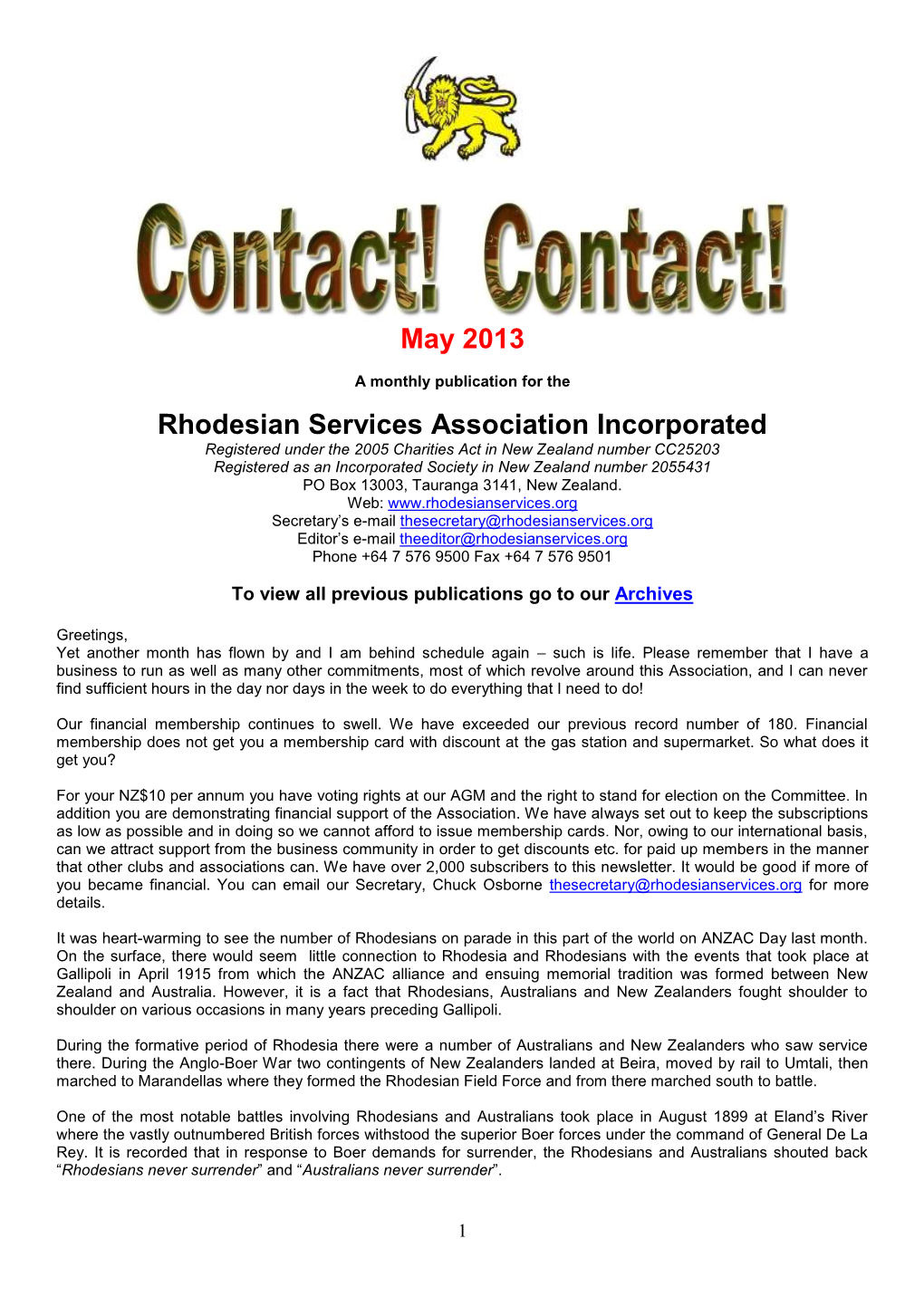 May 2013 Rhodesian Services Association Incorporated