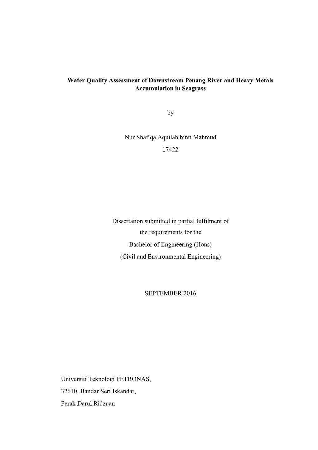 Water Quality Assessment of Downstream Penang River and Heavy Metals Accumulation in Seagrass