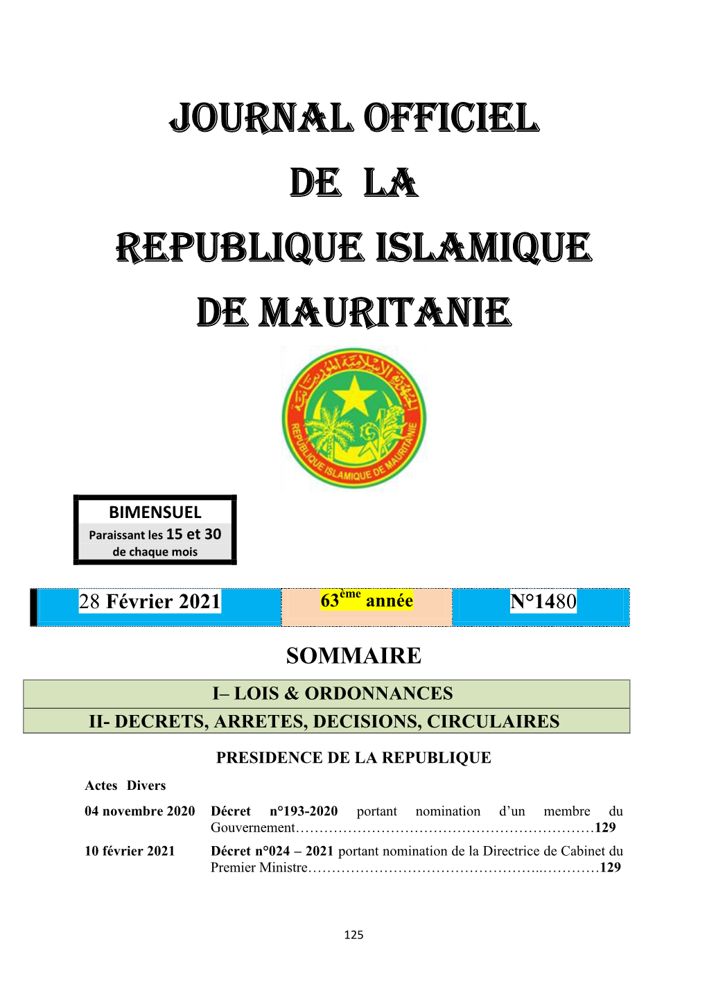 Journal Officiel De La Republique Islamique De Mauritanie