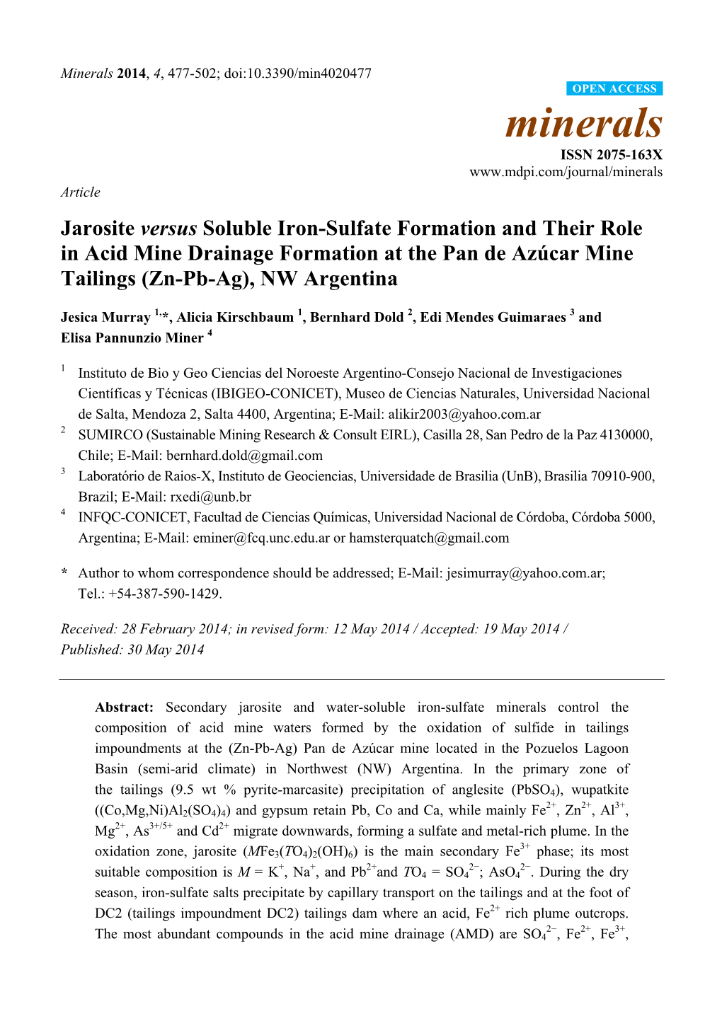 Jarosite Versus Soluble Iron-Sulfate Formation and Their Role in Acid Mine Drainage Formation at the Pan De Azúcar Mine Tailings (Zn-Pb-Ag), NW Argentina