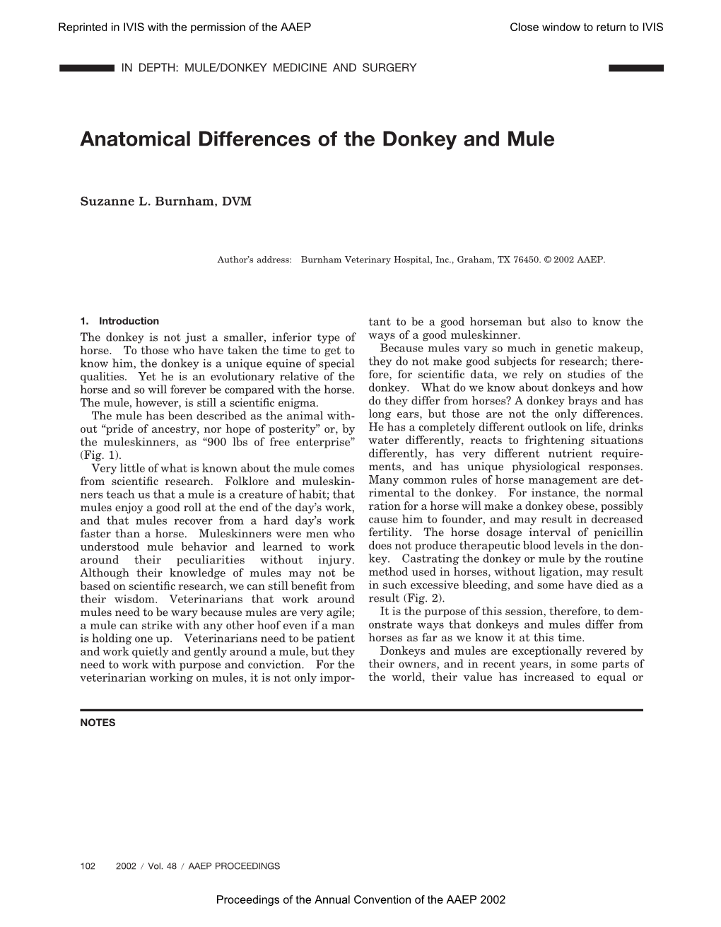 Anatomical Differences of the Donkey and Mule