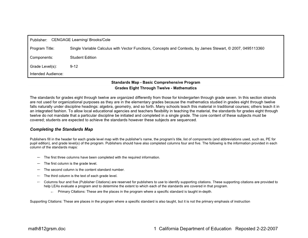 Mathematics Standards Maps Grades 9-12 - Instructional Resources (CA Dept of Education)