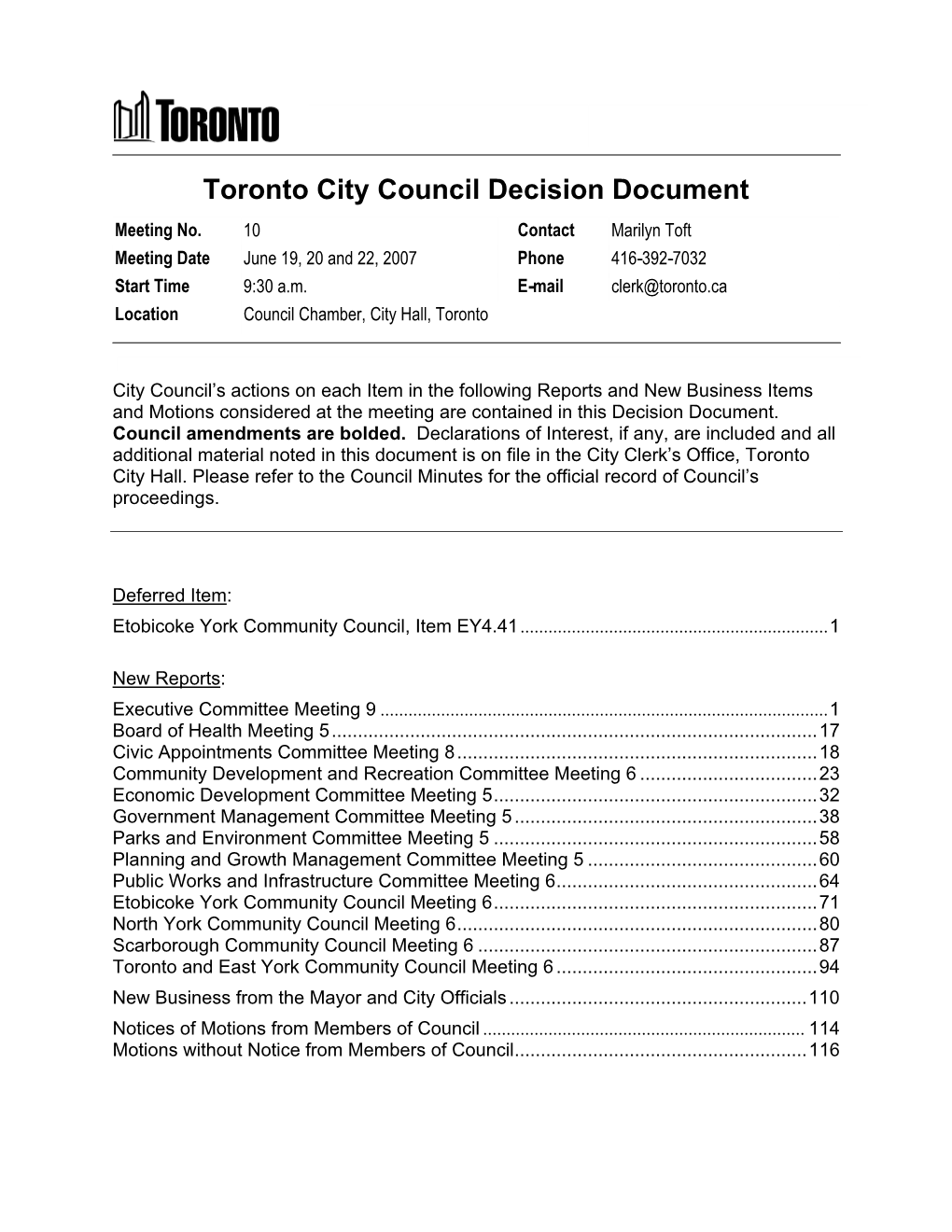 Toronto City Council Decision Document Meeting No