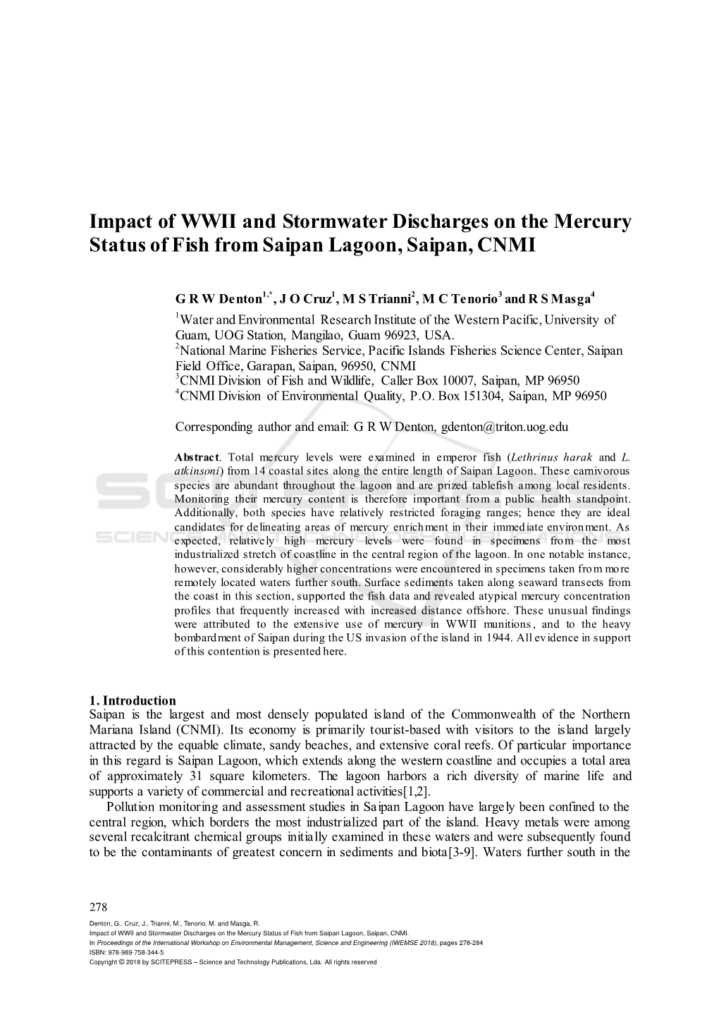 Impact of WWII and Stormwater Discharges on the Mercury Status of Fish from Saipan Lagoon, Saipan, CNMI