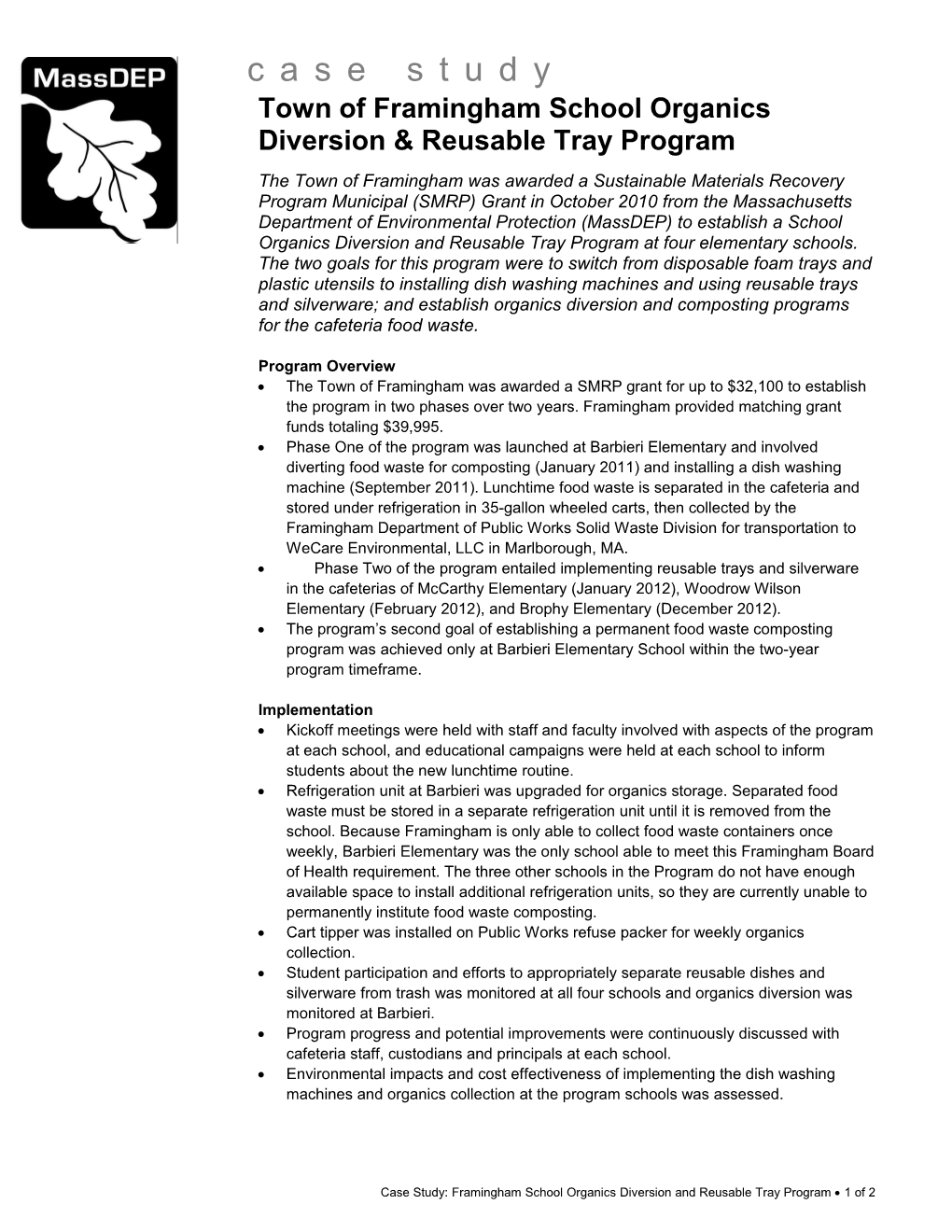 Town of Framingham School Organics Diversion & Reusable Tray Program