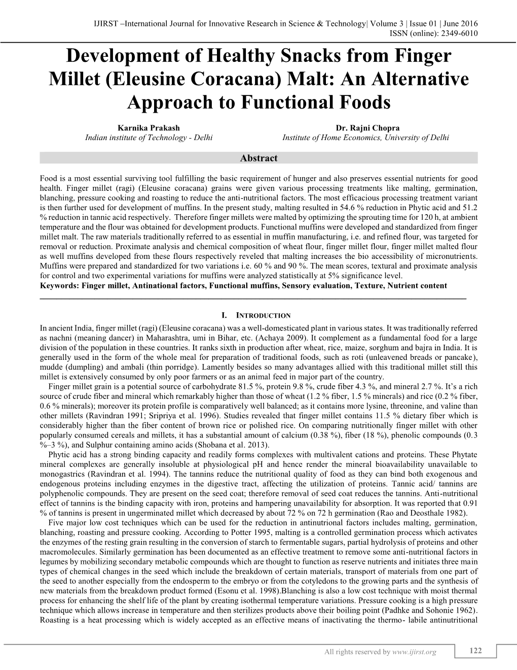 Development of Healthy Snacks from Finger Millet (Eleusine Coracana) Malt: an Alternative