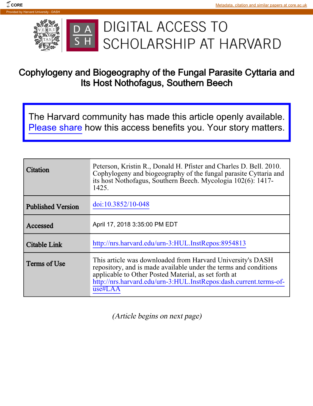 Cophylogeny and Biogeography of the Fungal Parasite Cyttaria and Its Host Nothofagus, Southern Beech