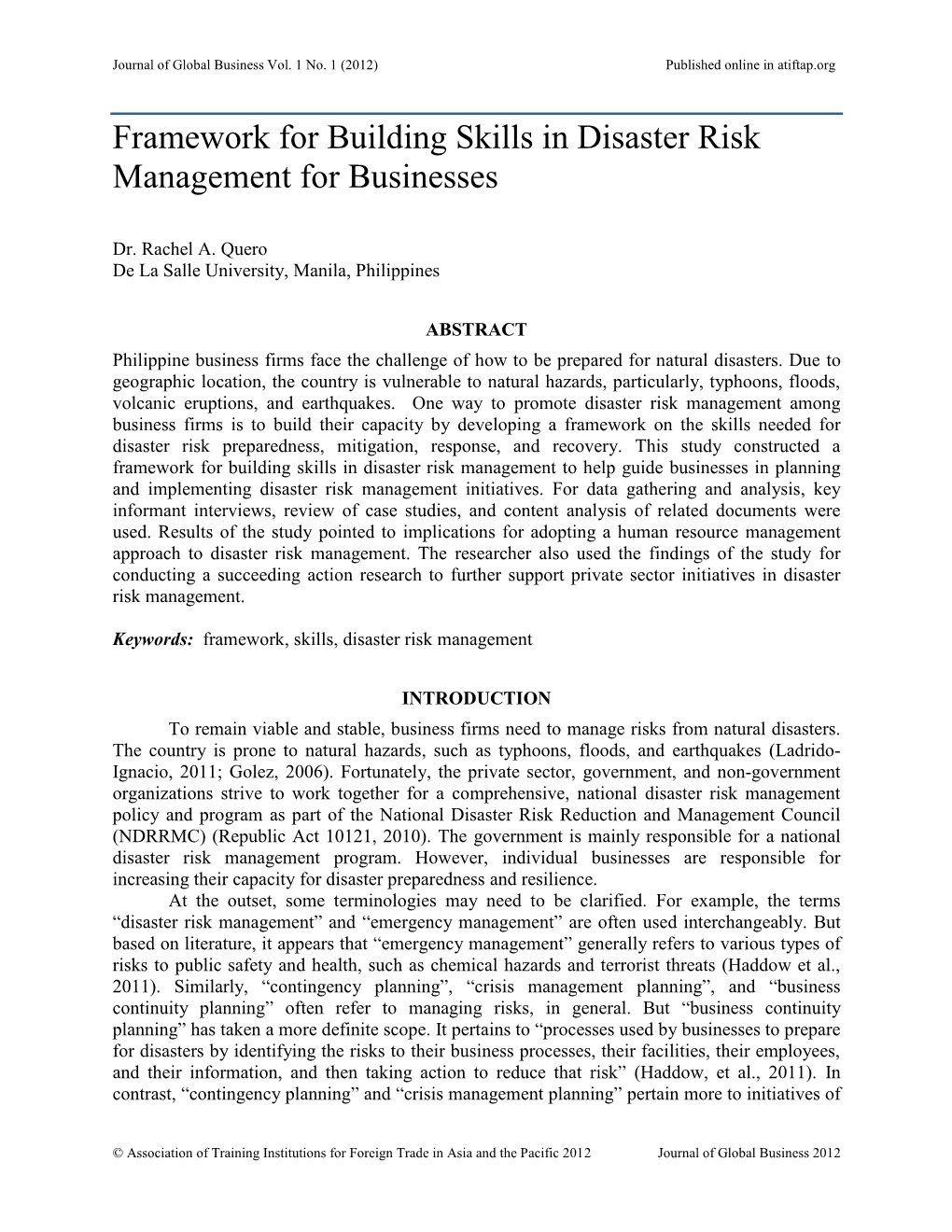 Framework for Building Skills in Disaster Risk Management for Businesses