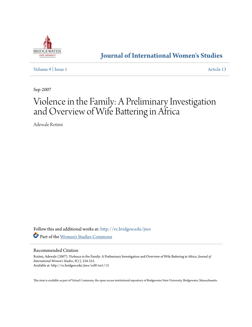 Violence in the Family: a Preliminary Investigation and Overview of Wife Battering in Africa Adewale Rotimi
