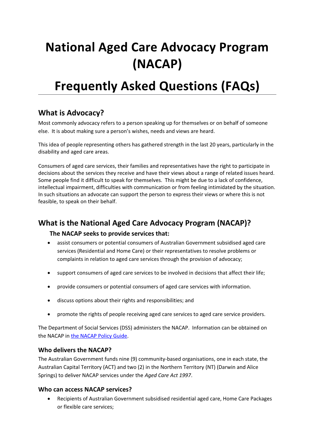 National Aged Care Advocacy Program (NACAP) Frequently Asked Questions (Faqs)