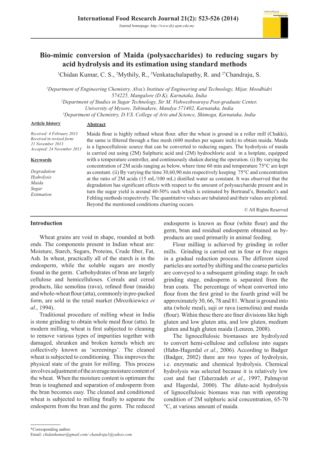 Bio-Mimic Conversion of Maida (Polysaccharides) to Reducing Sugars by Acid Hydrolysis and Its Estimation Using Standard Methods 1Chidan Kumar, C