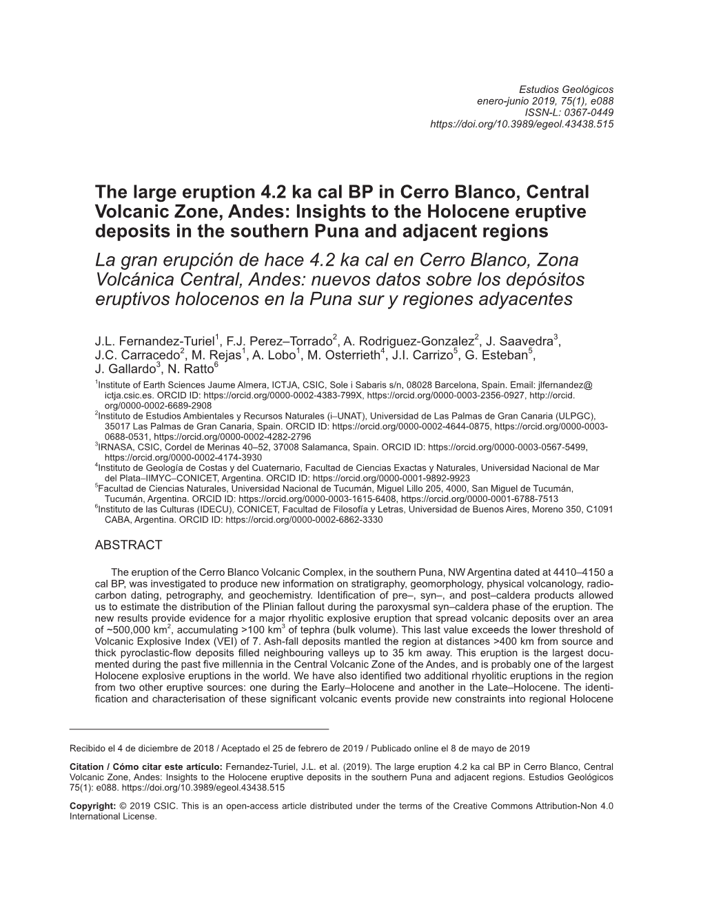 The Large Eruption 4.2 Ka Cal BP in Cerro Blanco, Central