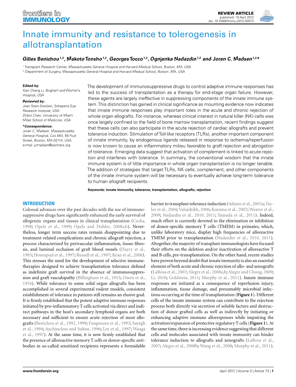 Innate Immunity and Resistance to Tolerogenesis in Allotransplantation