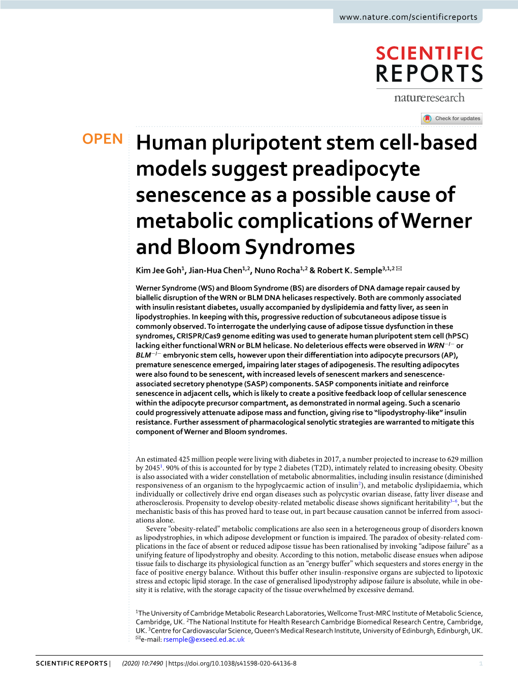 Human Pluripotent Stem Cell-Based Models Suggest Preadipocyte Senescence As a Possible Cause of Metabolic Complications of Werne