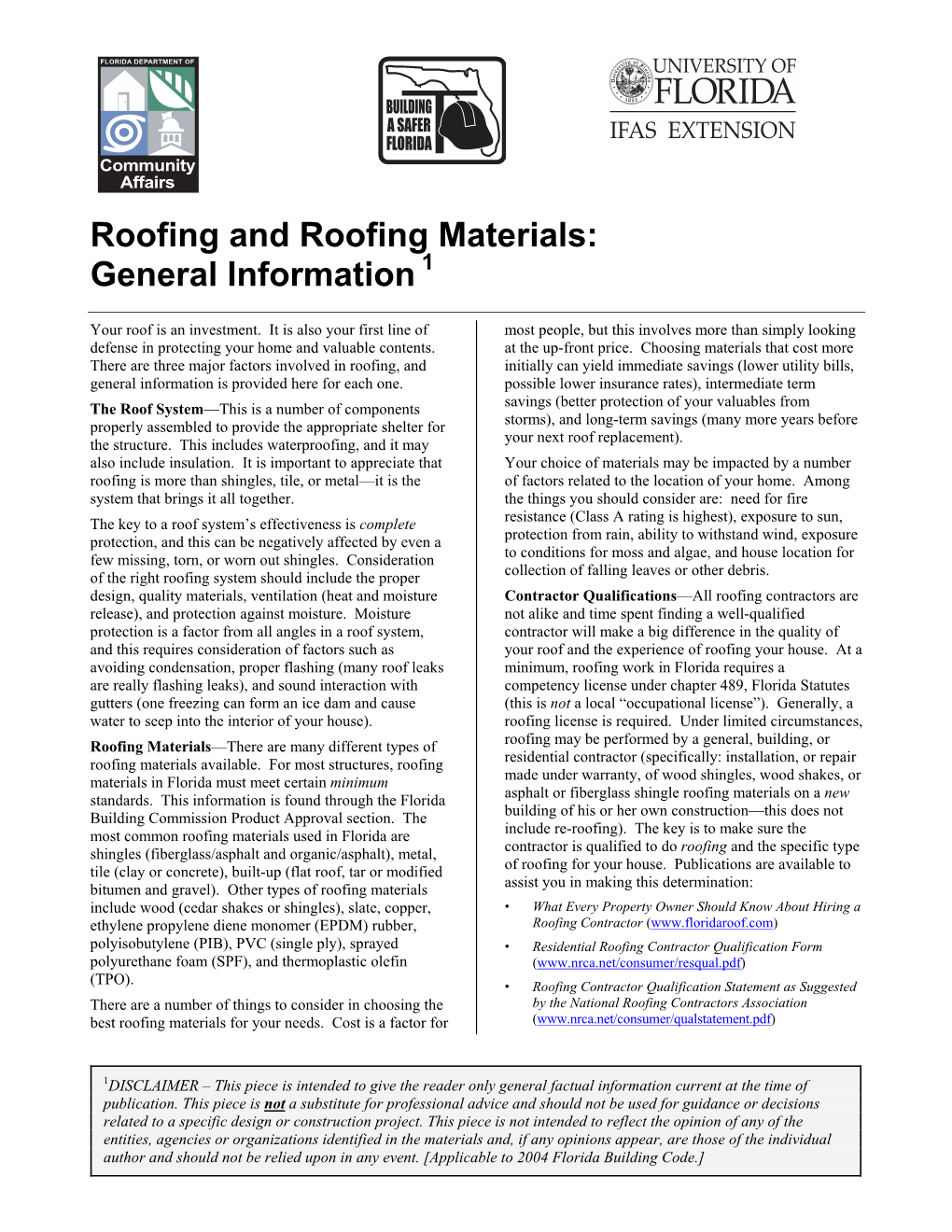 Roofing and Roofing Materials: General Information 1