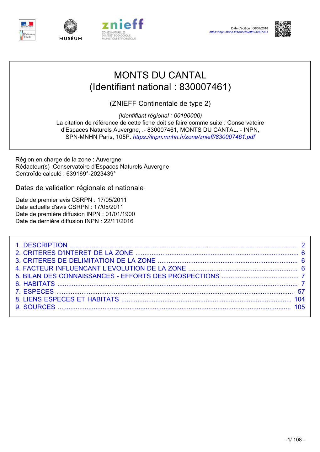 MONTS DU CANTAL (Identifiant National : 830007461)