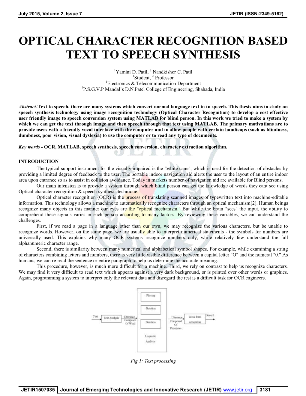 Optical Character Recognition Based Text to Speech Synthesis